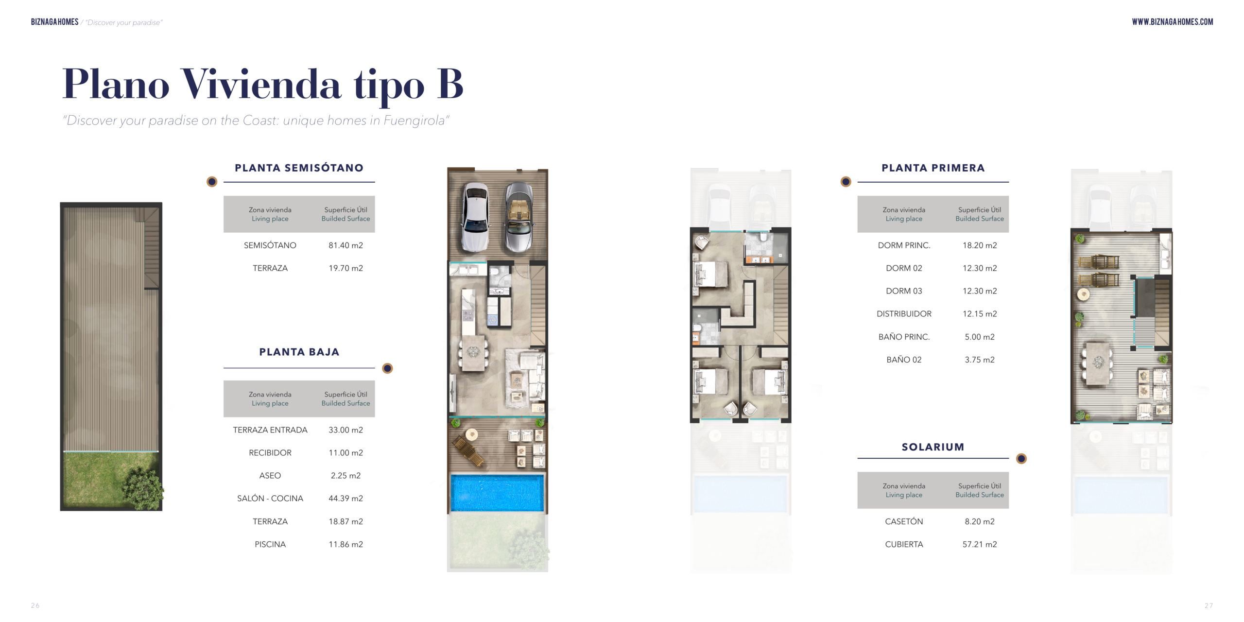 Planos ampliables con superficies de sótano, planta baja, planta primera y solárium de la vivienda tipo B
