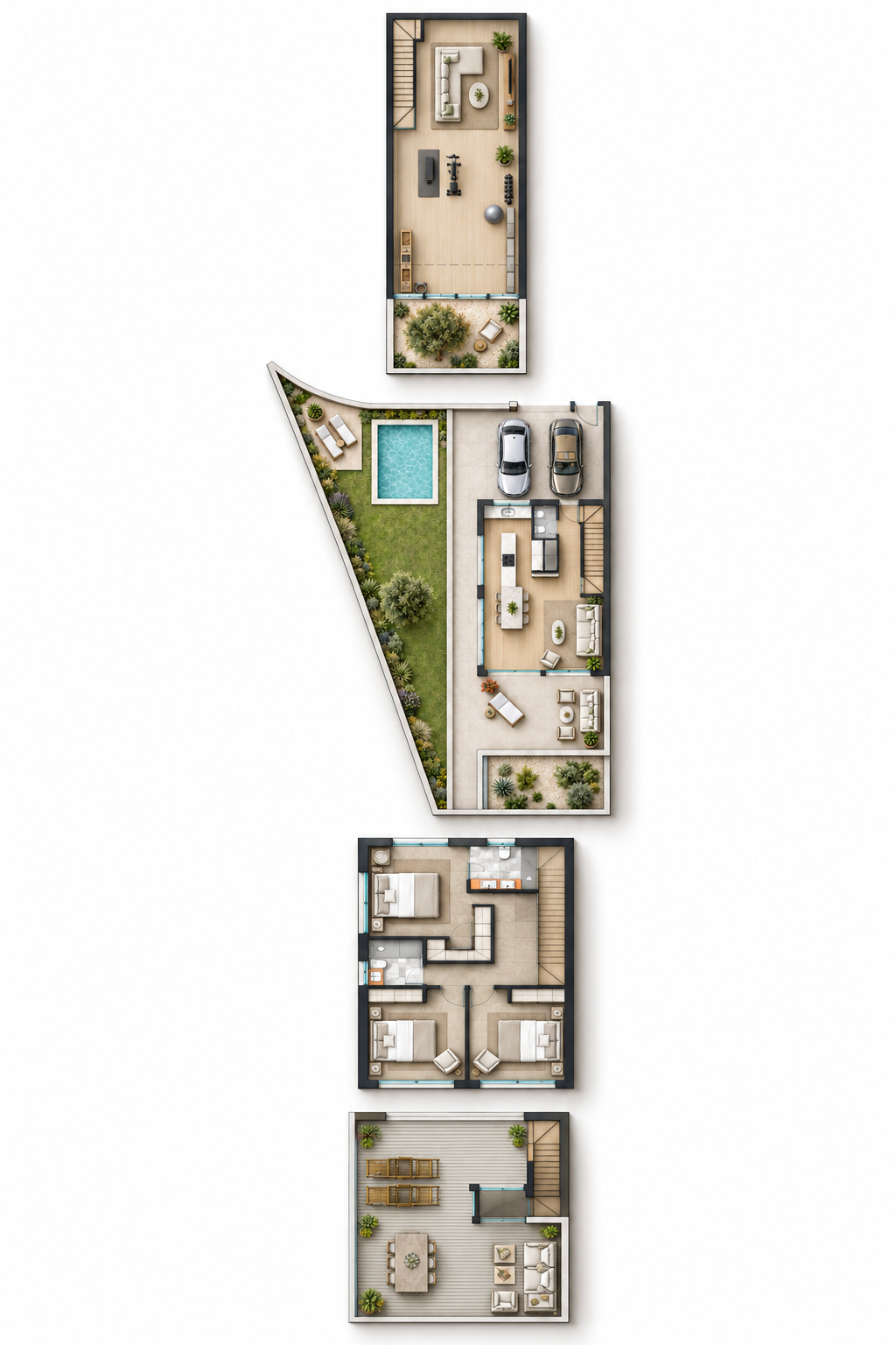 Plano 3D completo de la vivienda B01 de esquina con piscina lateral y parcela de 305,03 metros cuadrados